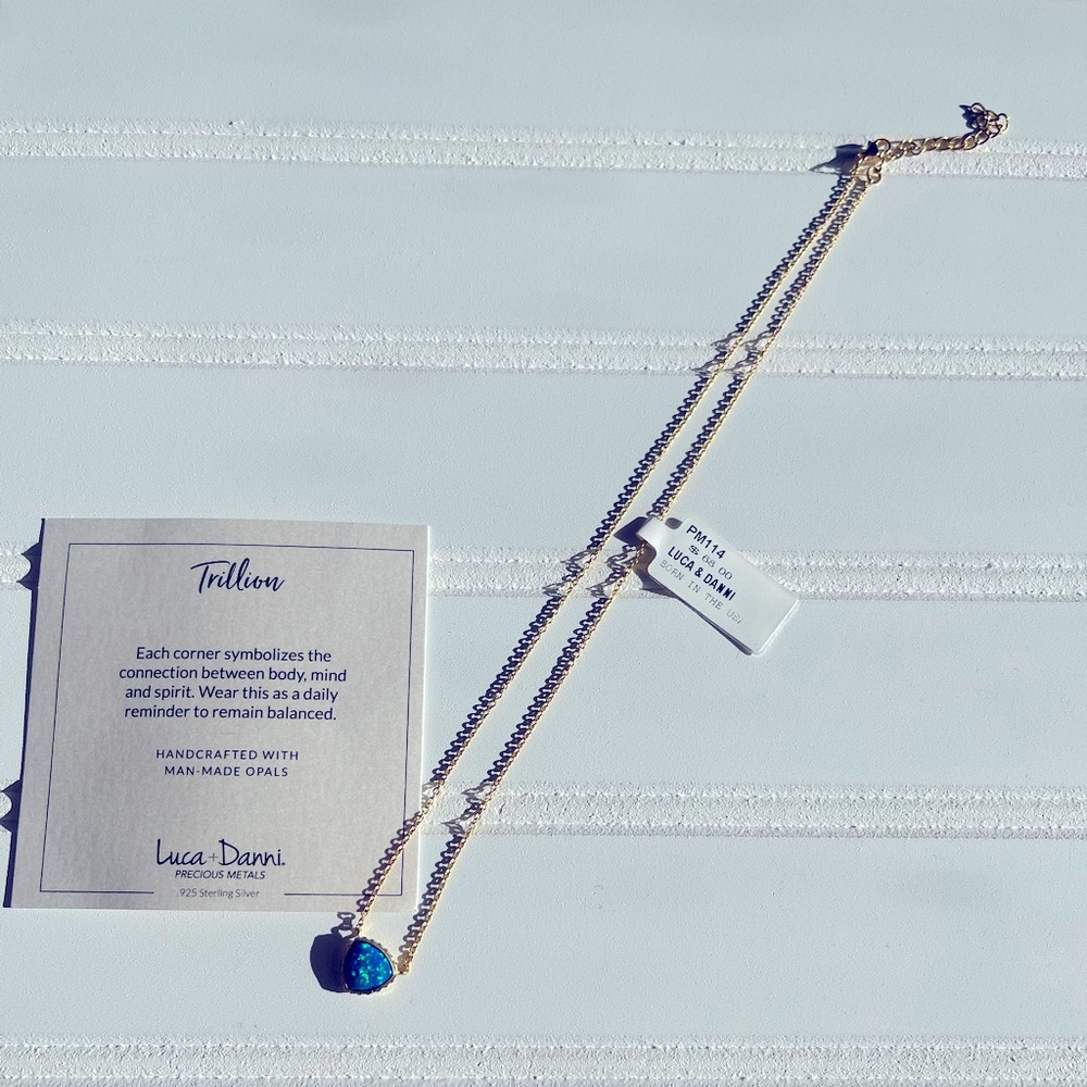 Luca + Danni man made Blue trillion opal necklace